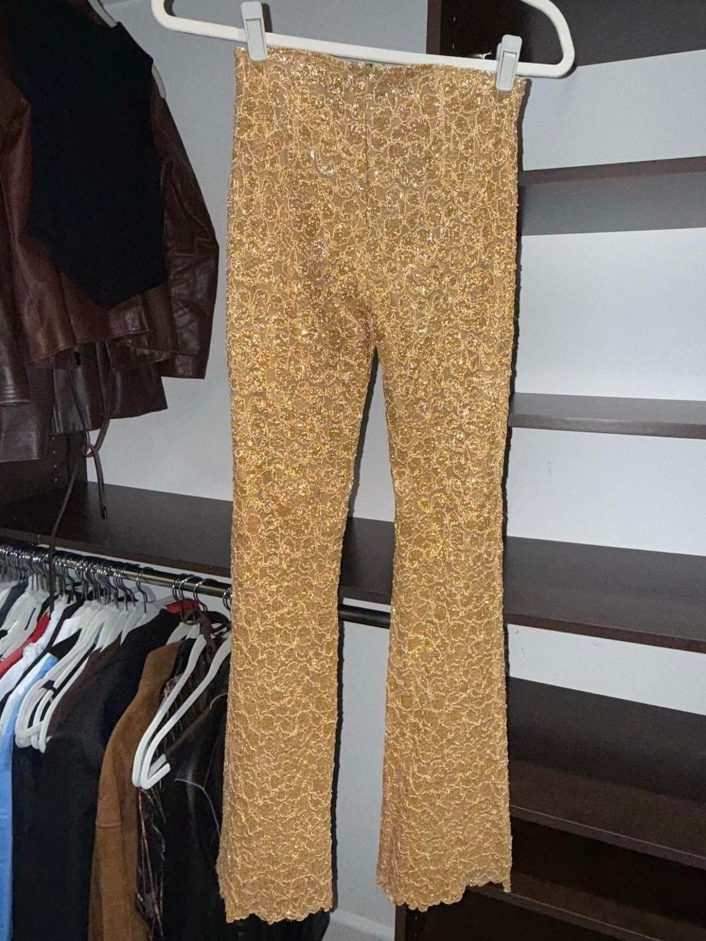 Insane Vintage Betsey Johnson Gold Lace with Shimmer Thread Flare Pants - Picture 2 of 6